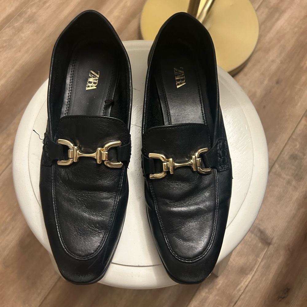 Zara Black Leather Loafers with Gold Horsebit